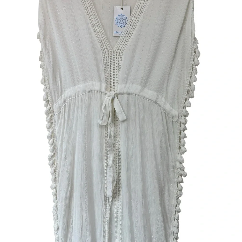 Blue Island Summer Sleeveless Swim Dress Coverup, White, Medium